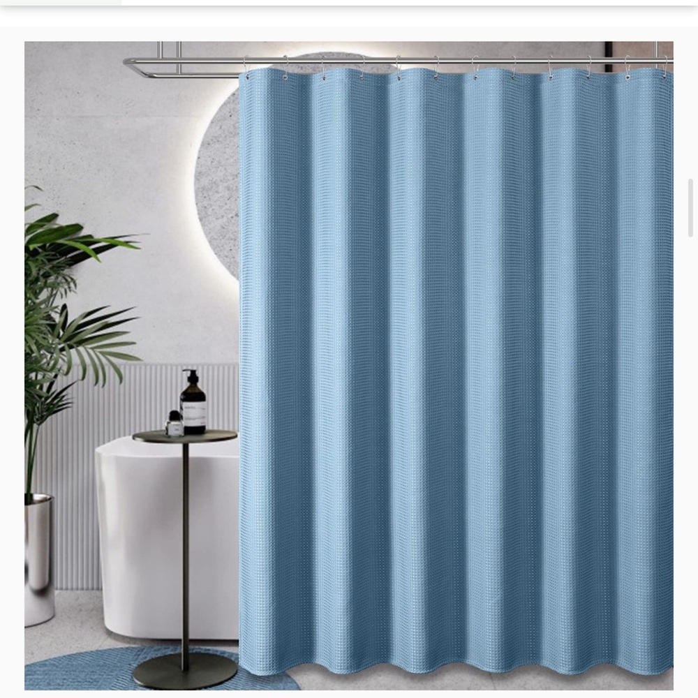 Dynamene Blue Fabric Shower Curtain Waffle Weave Textured Heavy Duty & Hooks NWT